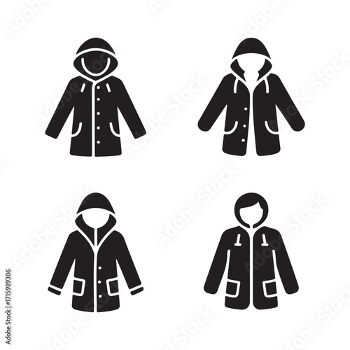 Raincoat waterproof outerwear modern outfit solid icons set