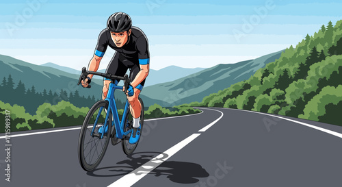 Cyclist ascending mountain road illustration, athletic workout scene