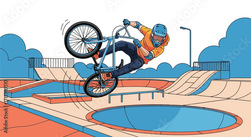 Cyclist performing an aerial trick in a skatepark with geometric design