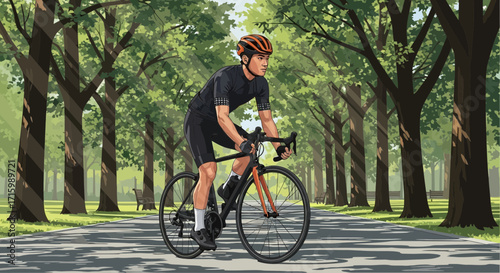 Determined cyclist riding through a tranquil green park landscape