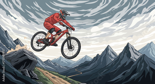 Downhill mountain biker leaps over a rocky crest, panoramic mountain vista