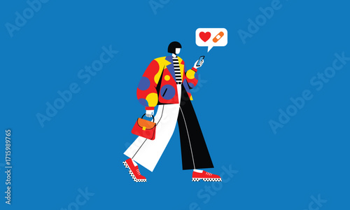 Stylish person wearing retro attire holding a phone getting love and healing notifications online