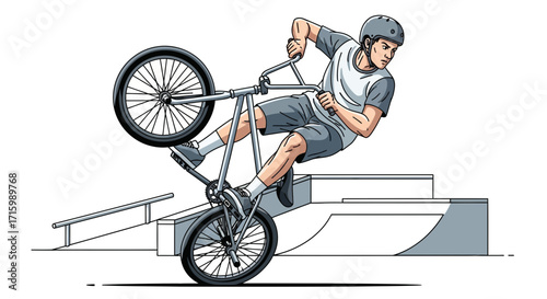 Dynamic Bmx Bike Trick Illustration at Skatepark with Precise Line Work