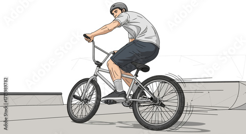 Dynamic BMX Rider Illustration Performing a Trick on a Halfpipe Ramp