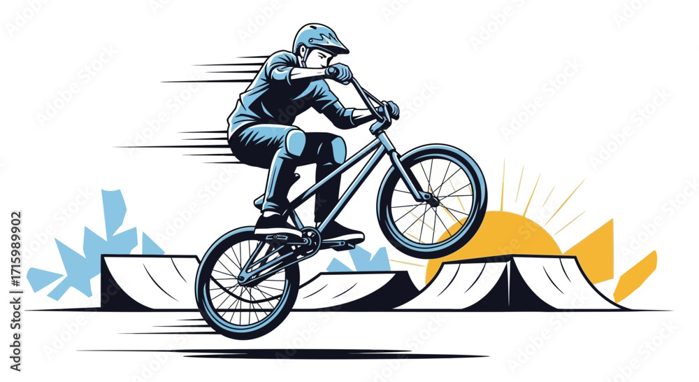 Fototapeta premium Dynamic bmx rider performing stunt over ramps with sunburst background