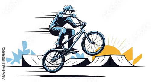 Dynamic bmx rider performing stunt over ramps with sunburst background