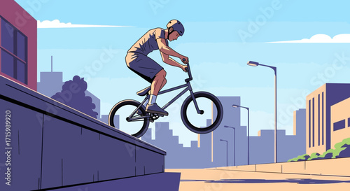 Dynamic BMX Rider Performing Trick in Urban Landscape Illustration