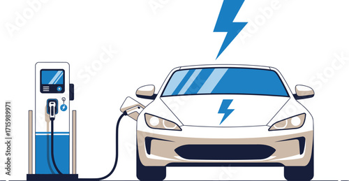 Electric vehicle at charging station powering up for eco friendly transportation innovation now