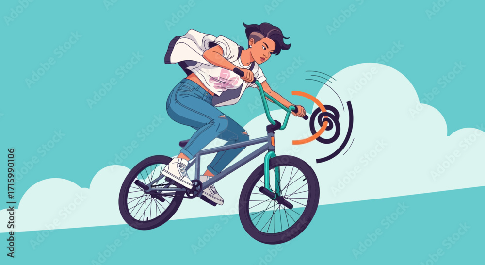 Fototapeta premium Dynamic female BMX rider performing tricks with vibrant, stylized design