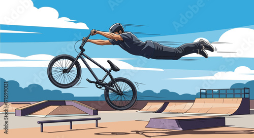 Dynamic Illustration of a BMX Rider Performing Stunt in Skate Park