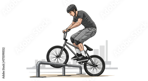 Dynamic Illustration of a BMX Rider Executing a Grind Trick on Rail