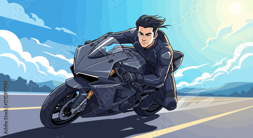 Dynamic illustration capturing a motorcyclist speeding along a highway