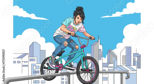 Dynamic illustration of a young woman performing a BMX trick outdoors
