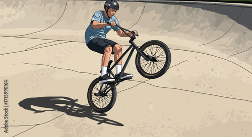 Dynamic Illustration of BMX Rider Performing Stunt in Skate Park Bowl