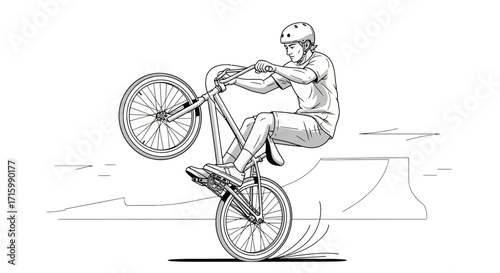 Dynamic monochrome illustration of a BMX rider performing a wheelie trick