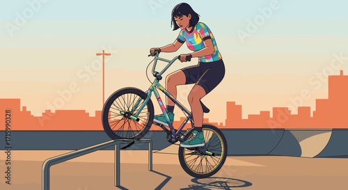Female Bmx Rider Performing a Grind Trick in a Skatepark at Sunset