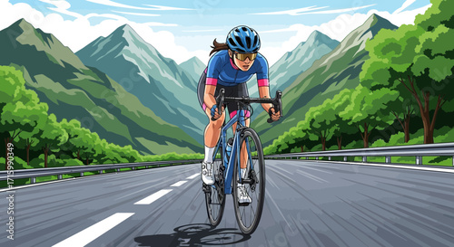 Female cyclist ascending mountain road, pushing limits on long ride