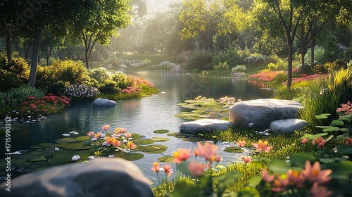 Serene Pond with Stepping Stones and Gazebo in Misty Forest