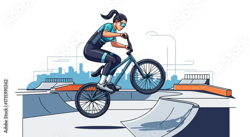 Female BMX rider performing trick in urban skatepark environment illustration