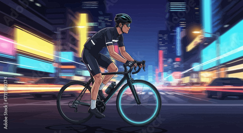 Energetic cyclist navigates the glowing urban night landscape with speed