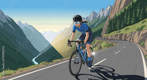 Female cyclist climbs a winding mountain pass on a sunny day illustration