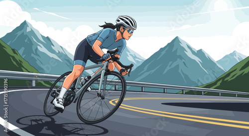 Female cyclist conquers winding mountain roads with unwavering determination