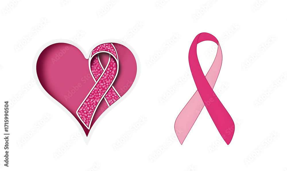 Fototapeta premium Classic breast cancer awareness ribbon stickers with heart and pink symbol, textured and minimal design, PNG clipart on transparent background