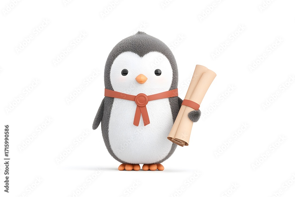 Fototapeta premium penguin proudly holding a science medal and certificate, award ceremony moment, 3d animation, isolated on a white background