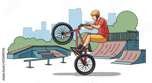 Flat Illustration of BMX Stunt Rider Performing at the Skate Park Scene