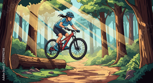 Female mountain biker soaring over fallen log in sunlit forest trail