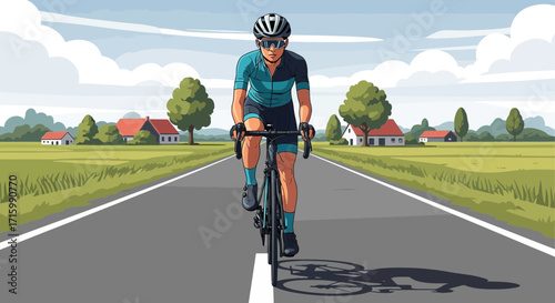 Focused cyclist riding along rural road with houses and field scenery