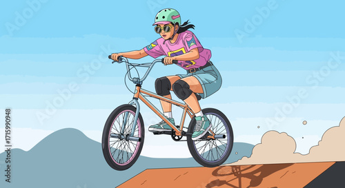 Illustration of a young woman doing tricks on her bmx bike outdoors