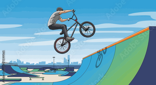 Illustrative scene of extreme cyclist performing trick at skatepark skillfully