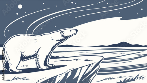 Arctic Night Wilderness: Majestic Polar Bear on Ice Floe under Shimmering Aurora Borealis, Monochromatic Vector Illustration