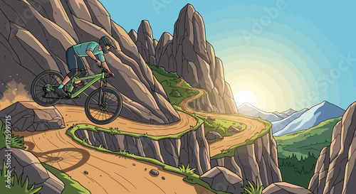 Mountain biking adventure, downhill ride on a rocky trail, cartoon illustration
