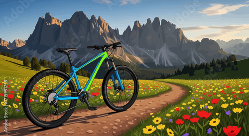 Scenic mountain biking adventure through colorful wildflower meadow