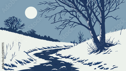 Serene Winter Night Scene: Full Moon Over Winding River and Snow-Covered Banks with Stylized Bare Trees