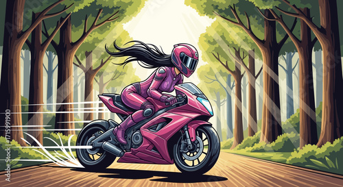 Thrilling motorcycle ride through sun-dappled forest road, power and freedom