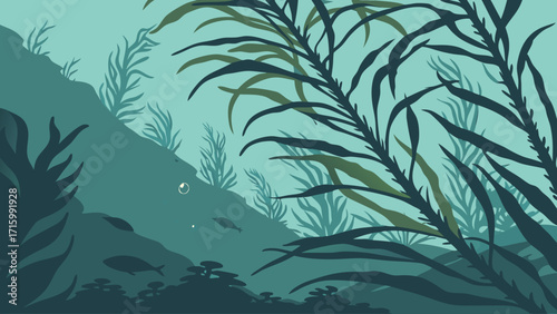 Serene Underwater Ecosystem with Lush Seaweed, Swimming Fish, and Bubbles - Vector Illustration