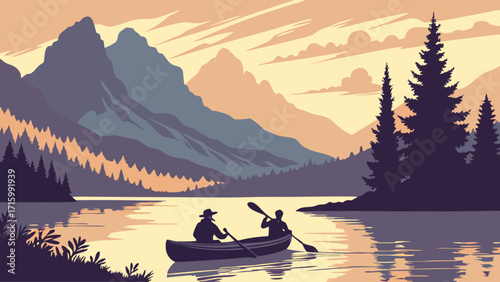 Peaceful Canoeing on a Serene Mountain Lake at Sunset, with Majestic Peaks and Pine Forest Silhouettes Reflected in Calm Water