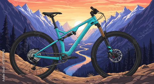 Turquoise Mountain Bike Adventure Cartoon Landscape Illustration Artwork