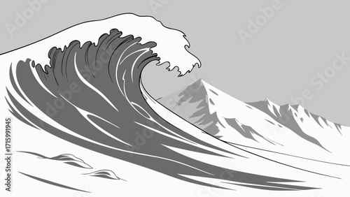 Dramatic Monochromatic Ocean Wave Breaking with Distant Mountain Range Illustration - Powerful Sea Swell and Peaks in Grayscale