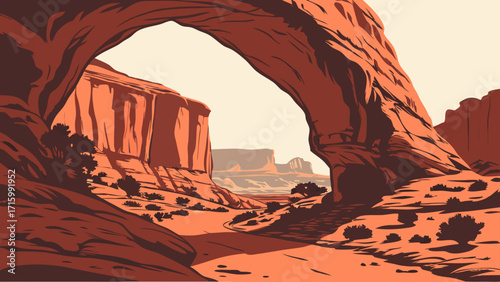 Southwestern Desert Landscape with Grand Natural Arch and Mesas; Stylized Arid Wilderness in Warm Earth Tones