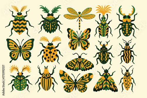 Vector insect set with butterflies, beetles, moths, ladybugs, and dragonfly in green and yellow. Decorative entomology illustrations for nature, wildlife, science, and design projects