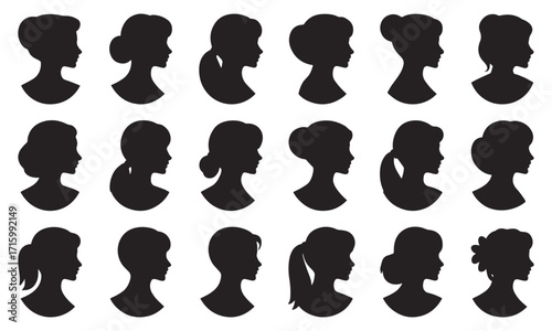 Female cameo silhouette set, modern women portraits, elegant profile pack