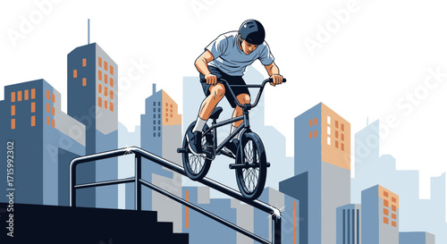 Urban challenge: cyclist performing a grind on city railing, dynamic illustration