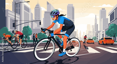 Cyclists conquering the urban jungle: A vibrant illustration of city riding