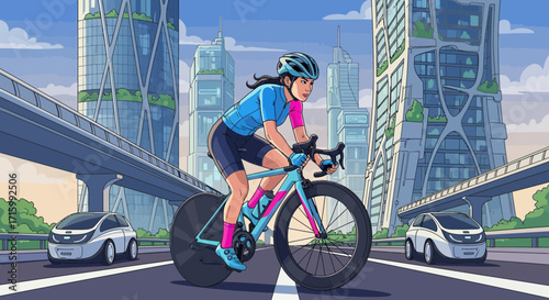 Woman cyclist rides through futuristic cityscape promoting healthy lifestyle