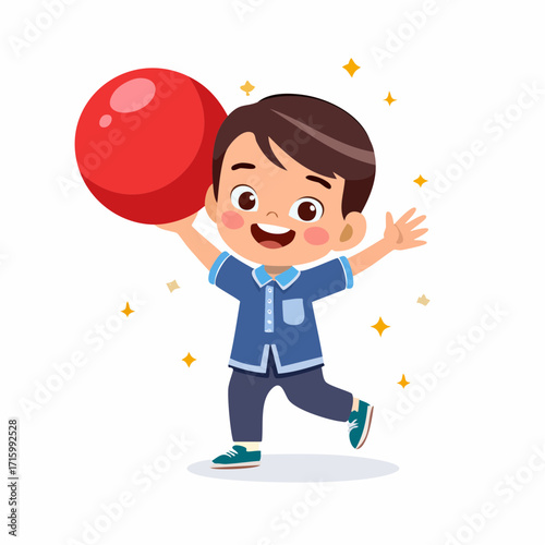 Adorable little boy character running with excitement while holding a big red ball, a cheerful kid enjoying playtime in a cute vector illustration