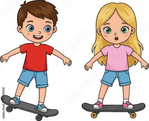Cartoon children skateboarding, boy and girl riding skateboards, outdoor activity, balance, fun, playful kids, sports, illustration, vector, colorful